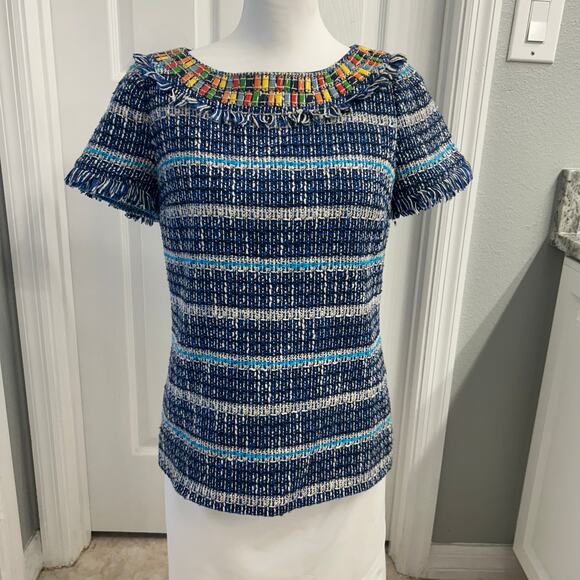 Tory Burch Embellished Tweed Short Sleeve Top Navy Multicolor Size 6 - Picture 1 of 4